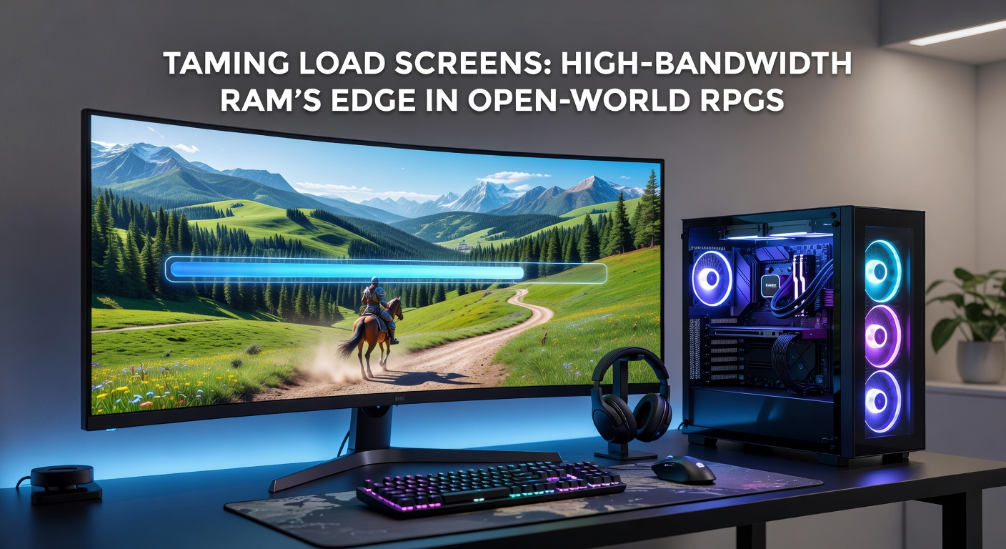 Benchmark charts comparing load screen durations in open-world RPGs across low vs high-bandwidth RAM setups, highlighting dramatic reductions
