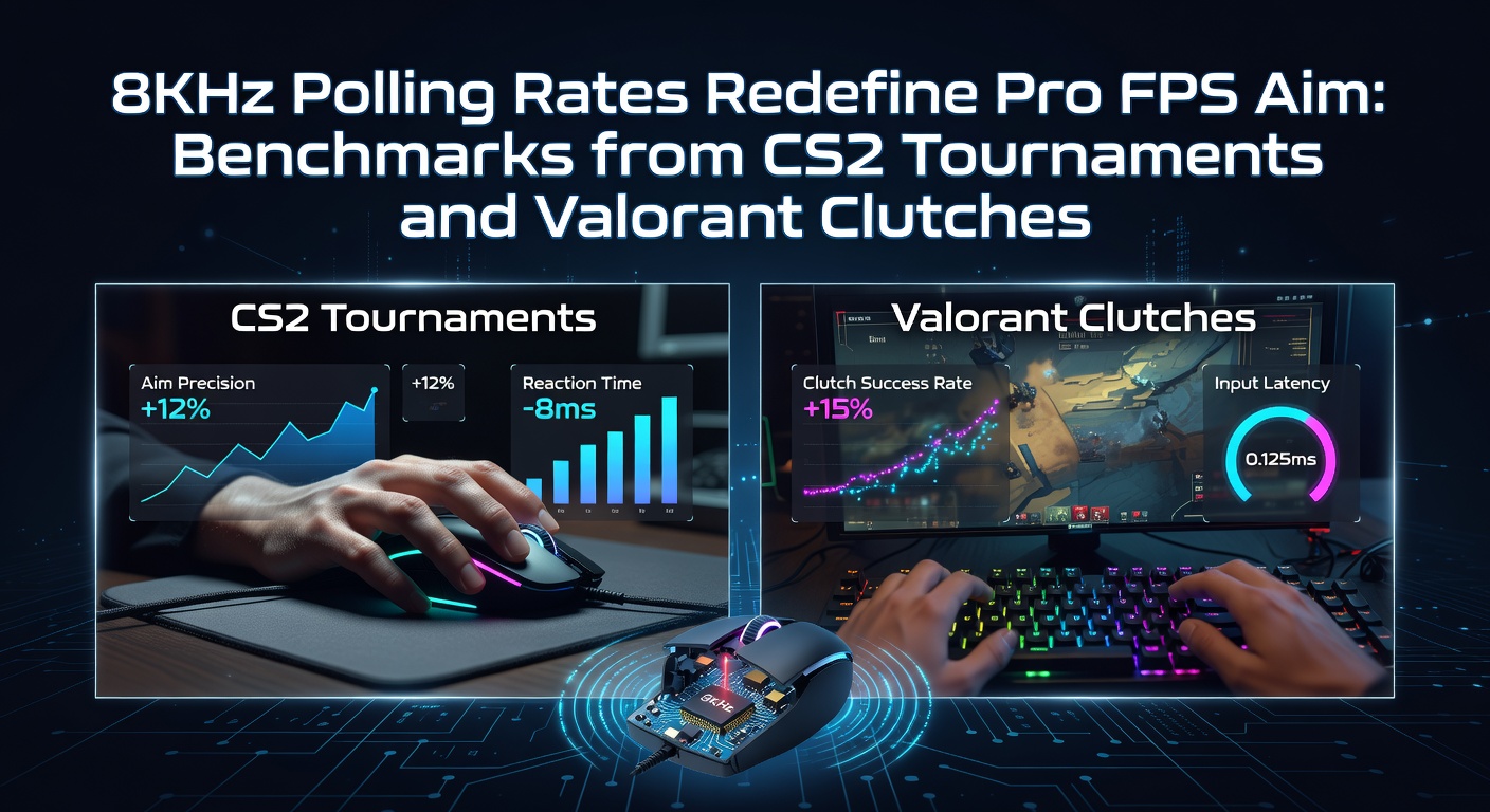 Pro gamer fine-tuning a high-polling-rate mouse during a CS2 tournament setup, with overlays showing 8KHz metrics