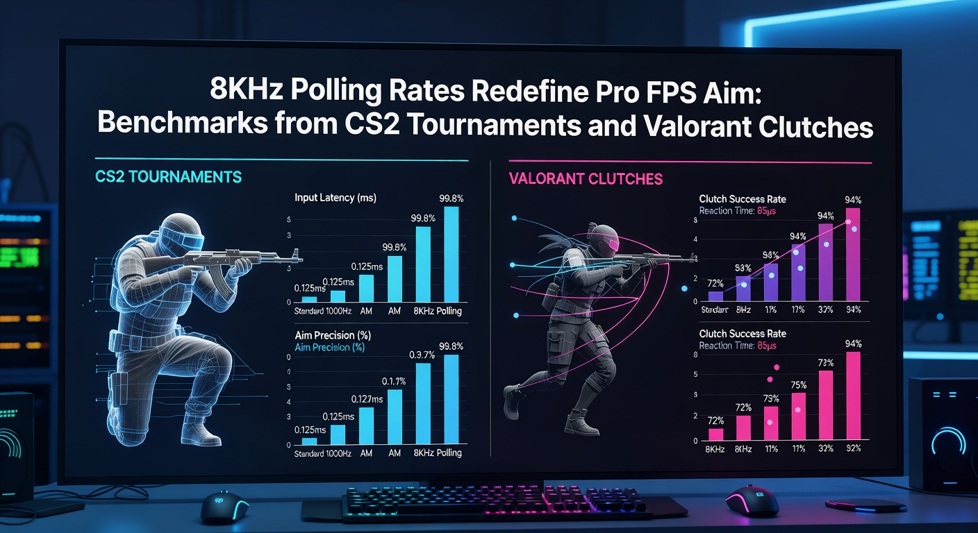 Close-up of a Valorant pro clutching a round with precise 8KHz mouse flicks, stats overlay displaying polling rate and latency metrics