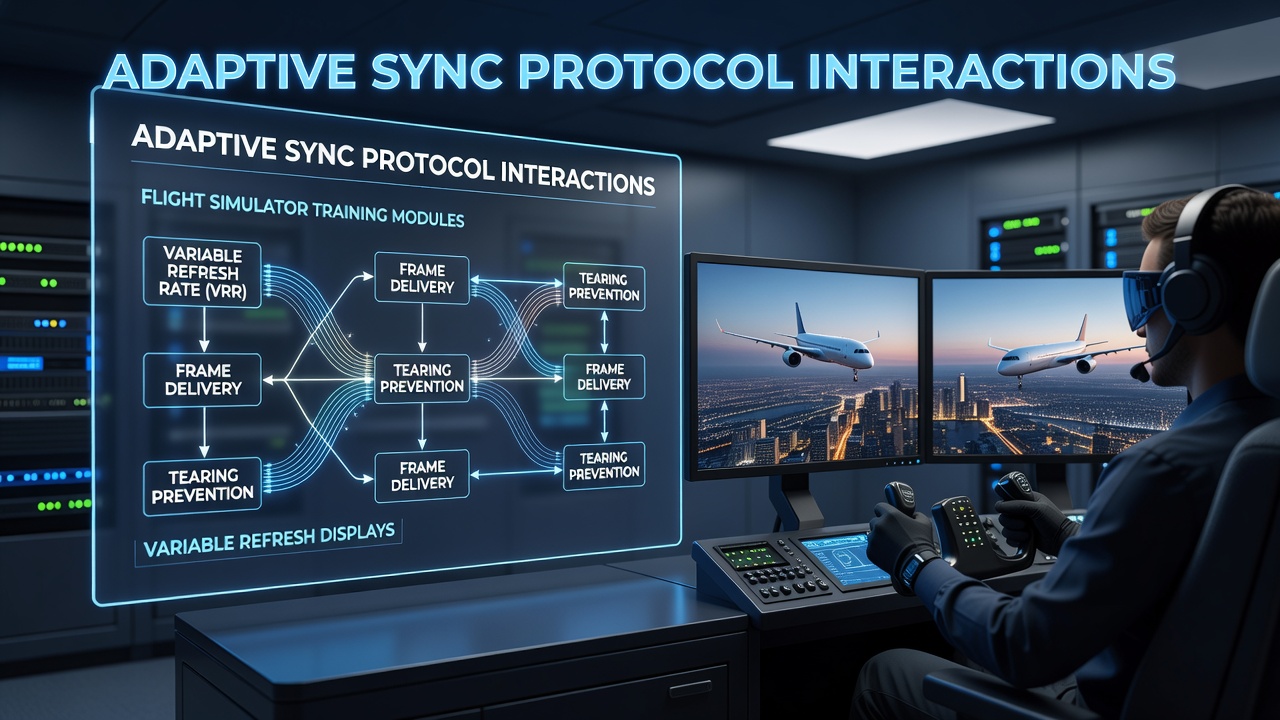 Variable refresh rate display setup integrated into a professional flight simulator cockpit module showing adaptive sync overlay metrics