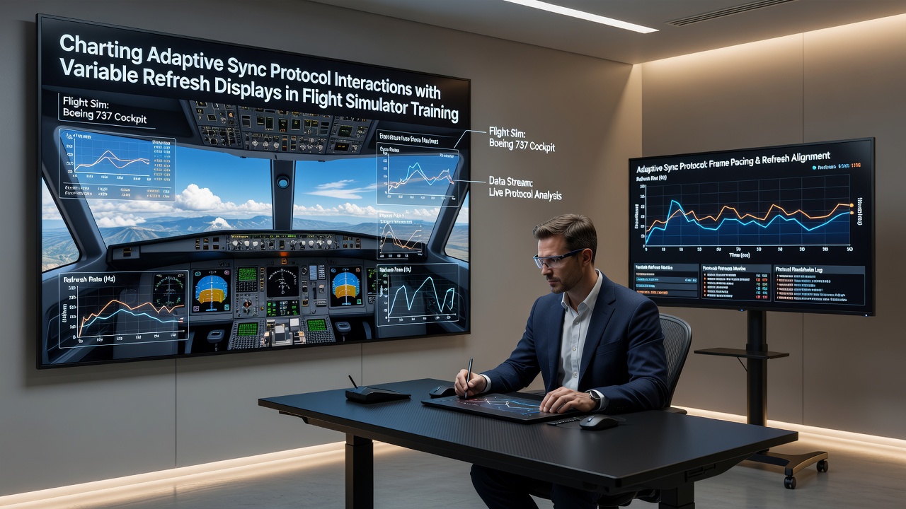Close-up of adaptive sync protocol handshake metrics displayed on a variable refresh monitor during a flight simulator training session