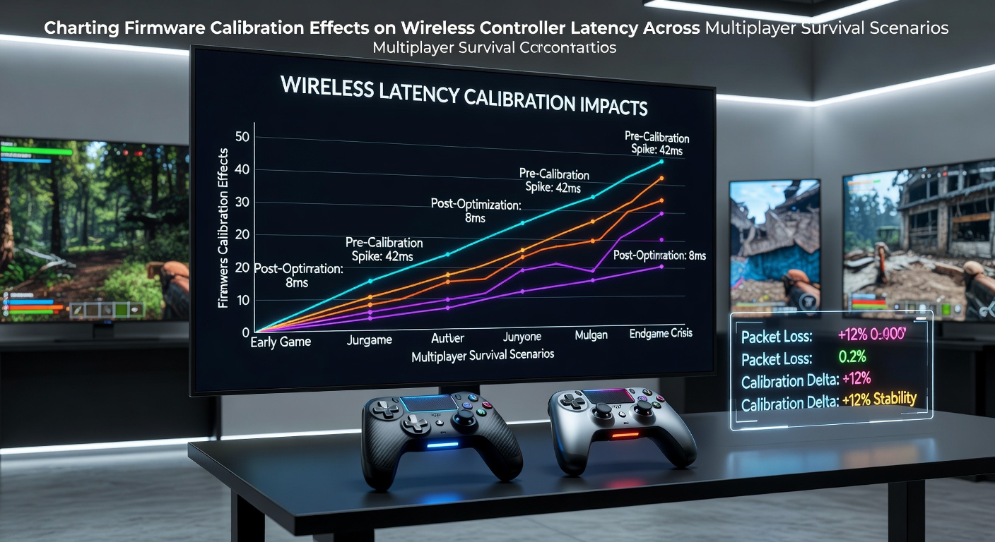 Detailed chart displaying wireless controller latency measurements before and after firmware calibration in various multiplayer survival game environments