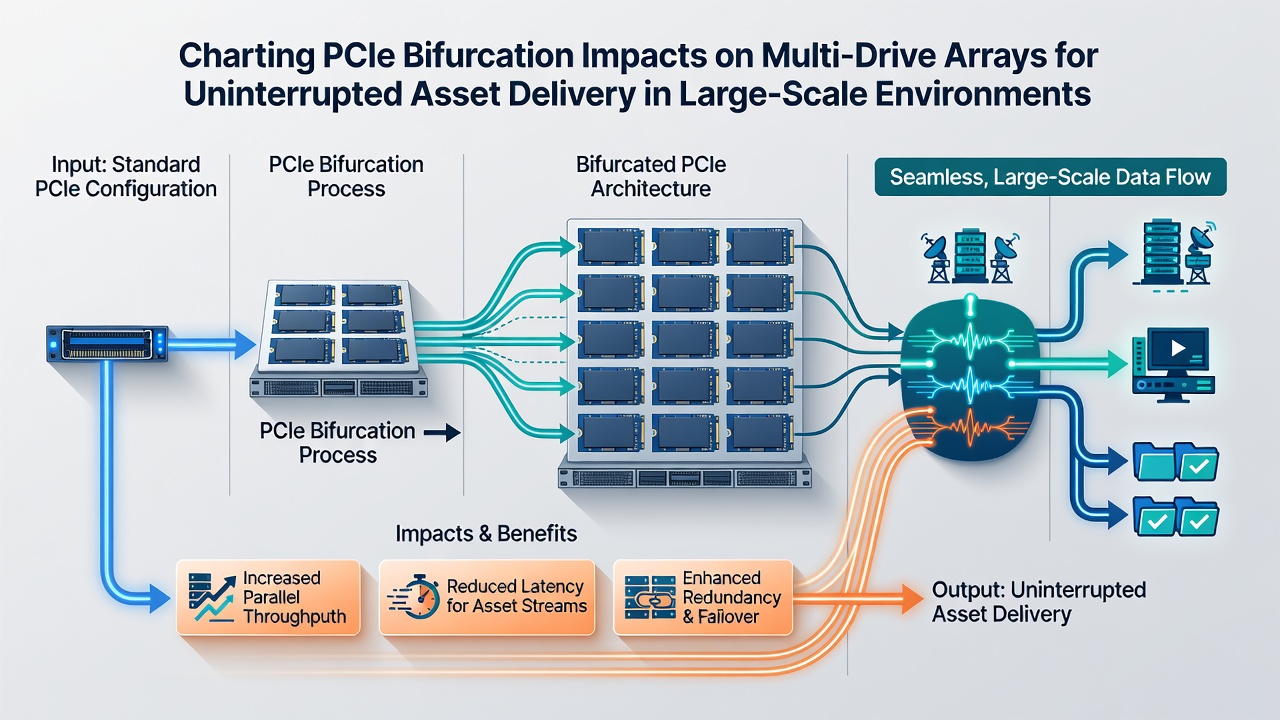 Server rack with multiple NVMe drives connected via bifurcated PCIe for persistent world asset streaming