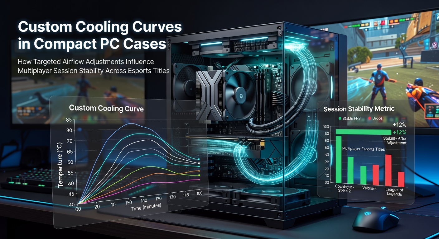 Compact PC case interior showing custom fan curves and targeted airflow pathways for esports hardware stability