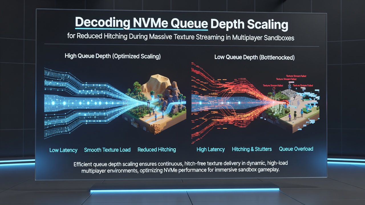 Diagram illustrating NVMe queue depth scaling mechanisms during high-volume texture data transfers in open-world gaming environments