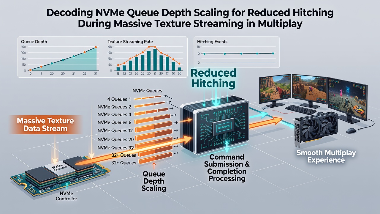 Performance graphs comparing frame time stability with varying NVMe queue depths during intense multiplayer texture streaming sequences