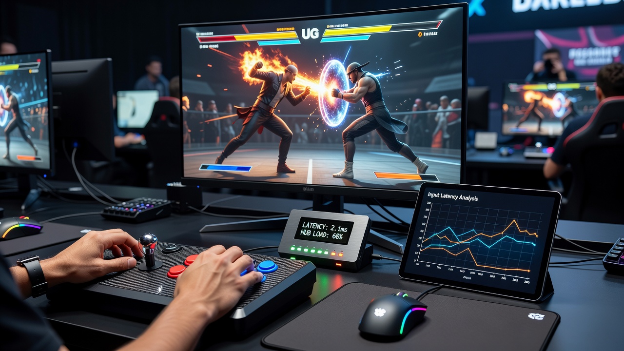 USB hub connected to multiple fighting game controllers and fight sticks on a tournament setup table with visible cables and measurement equipment