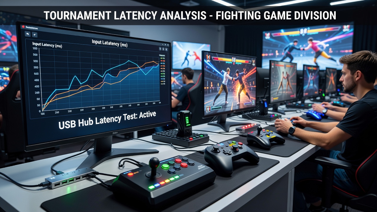 Close-up of latency measurement tools and oscilloscope readings next to a fight stick during a competitive fighting game session