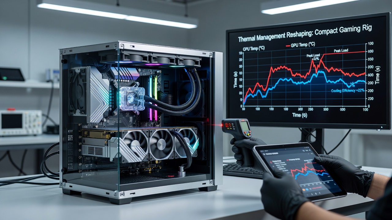 Thermal imaging comparison of compact gaming rig before and after advanced cooling upgrades during extended high-load testing