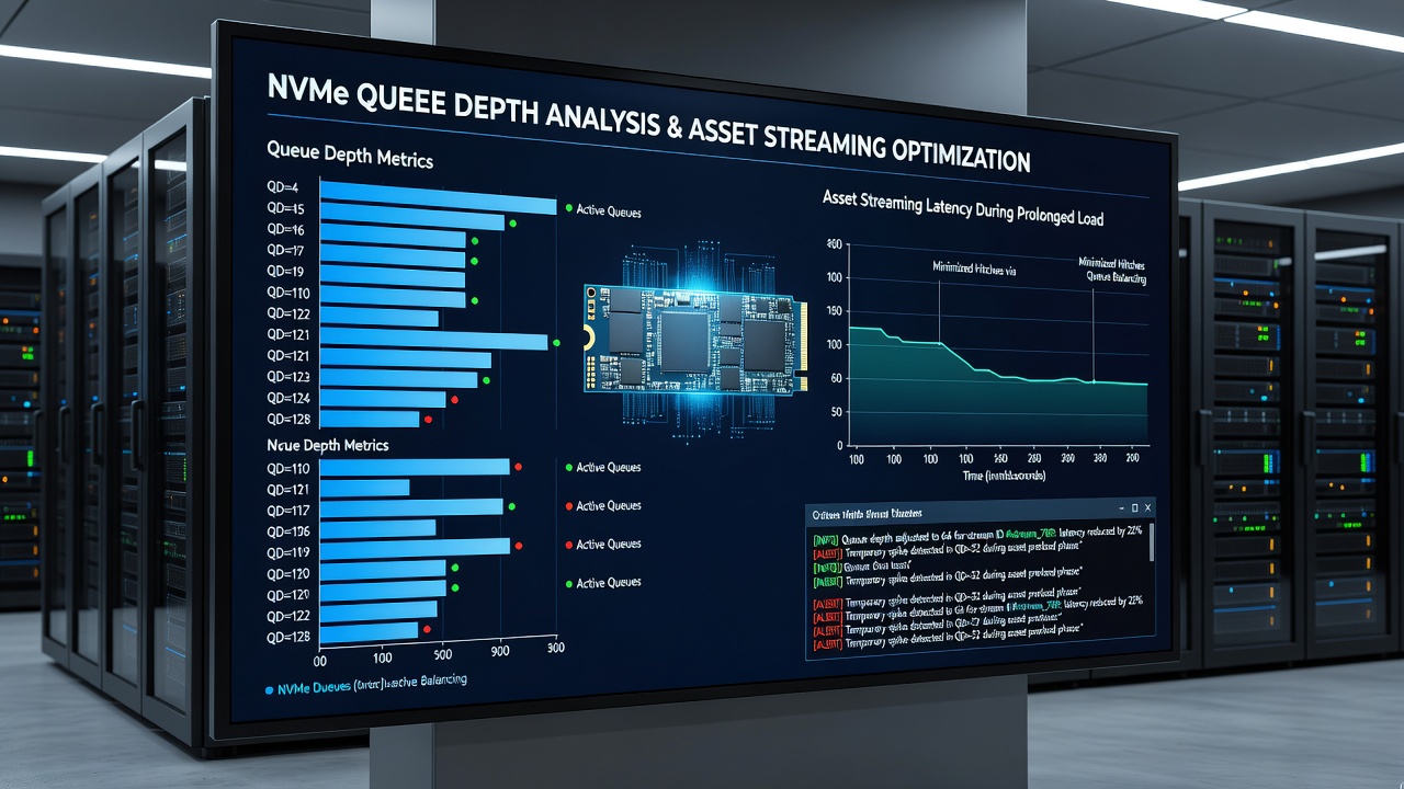 Benchmark graphs comparing NVMe queue depth performance in open-world game asset loading scenarios
