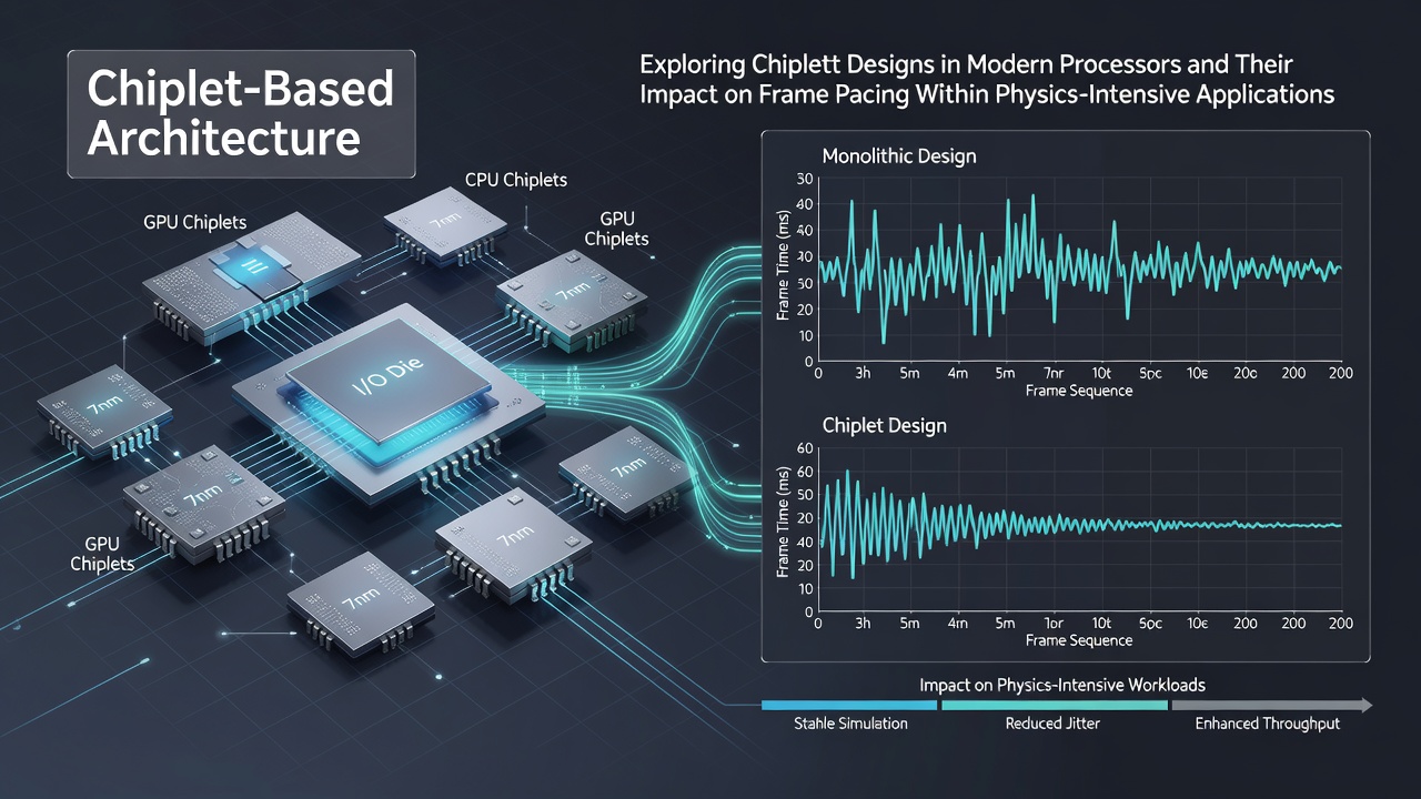 Performance graph comparing frame time consistency between chiplet and monolithic processors in a racing simulation benchmark