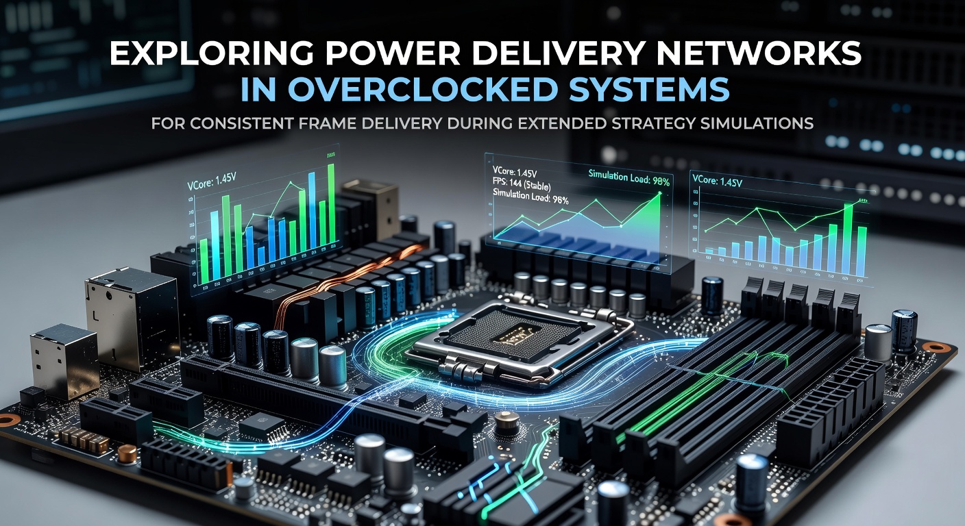Detailed view of a motherboard power delivery network with VRMs and capacitors under load during overclocked operation
