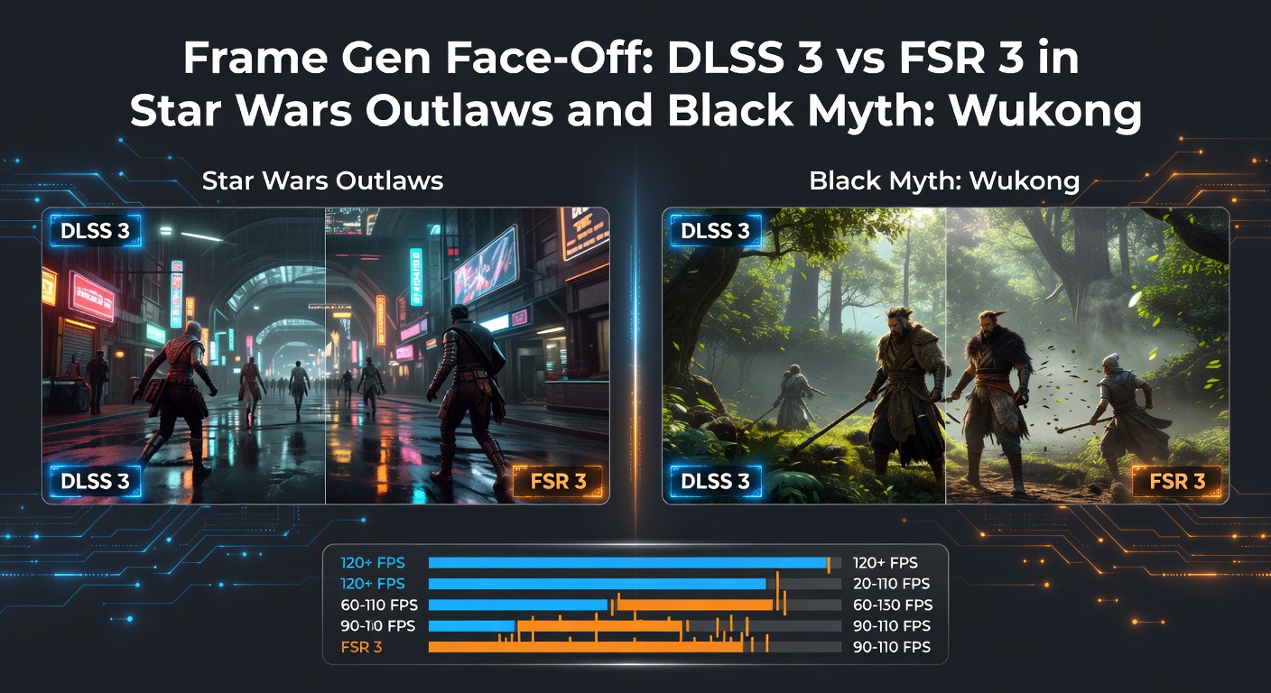 Side-by-side comparison of DLSS 3 and FSR 3 frame generation effects during a high-speed chase in Star Wars Outlaws, highlighting frame rate boosts and visual fidelity