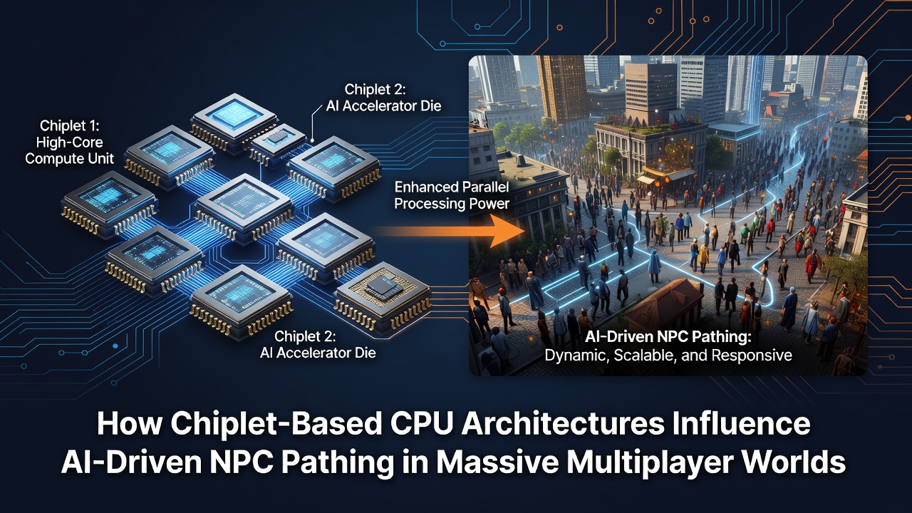 Diagram showing chiplet CPU layout connected to AI pathfinding modules in a multiplayer game environment
