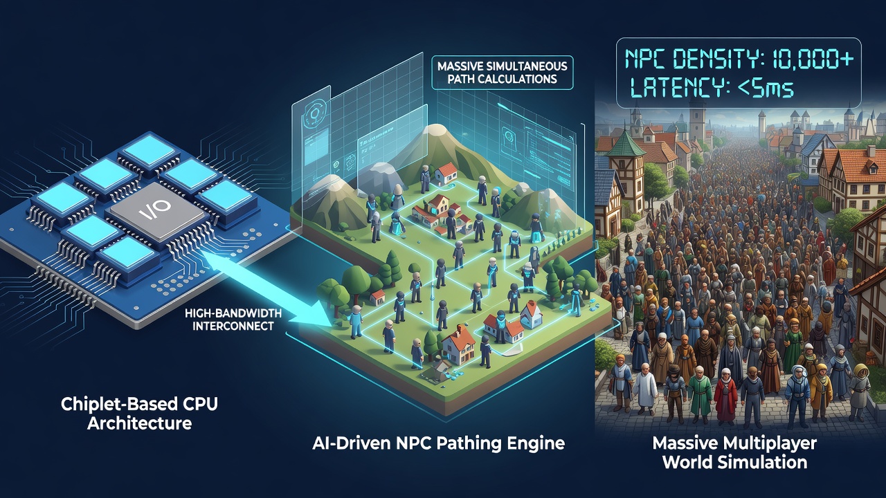Performance charts comparing NPC pathing latency on monolithic versus chiplet CPUs in large-scale simulations