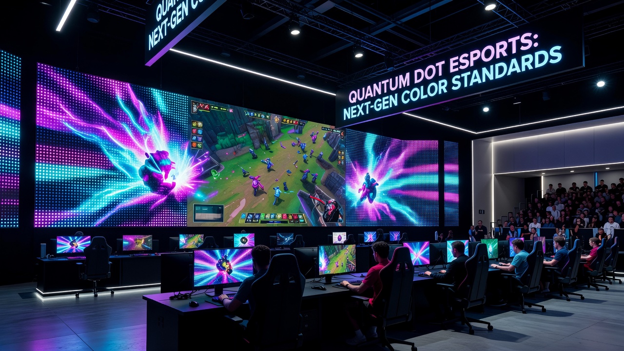 Close-up of quantum dot layer integration in professional esports monitor hardware with color calibration charts