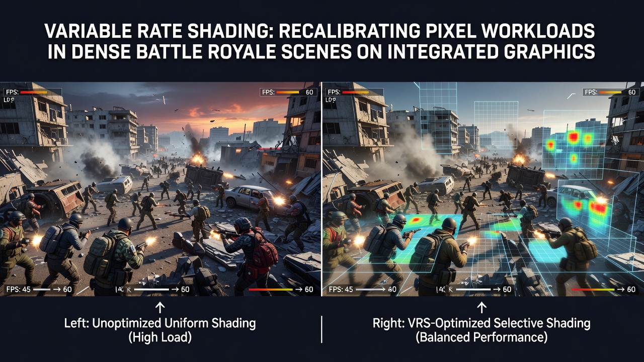 Performance graphs comparing frame rates with and without variable rate shading in a battle royale match on integrated graphics