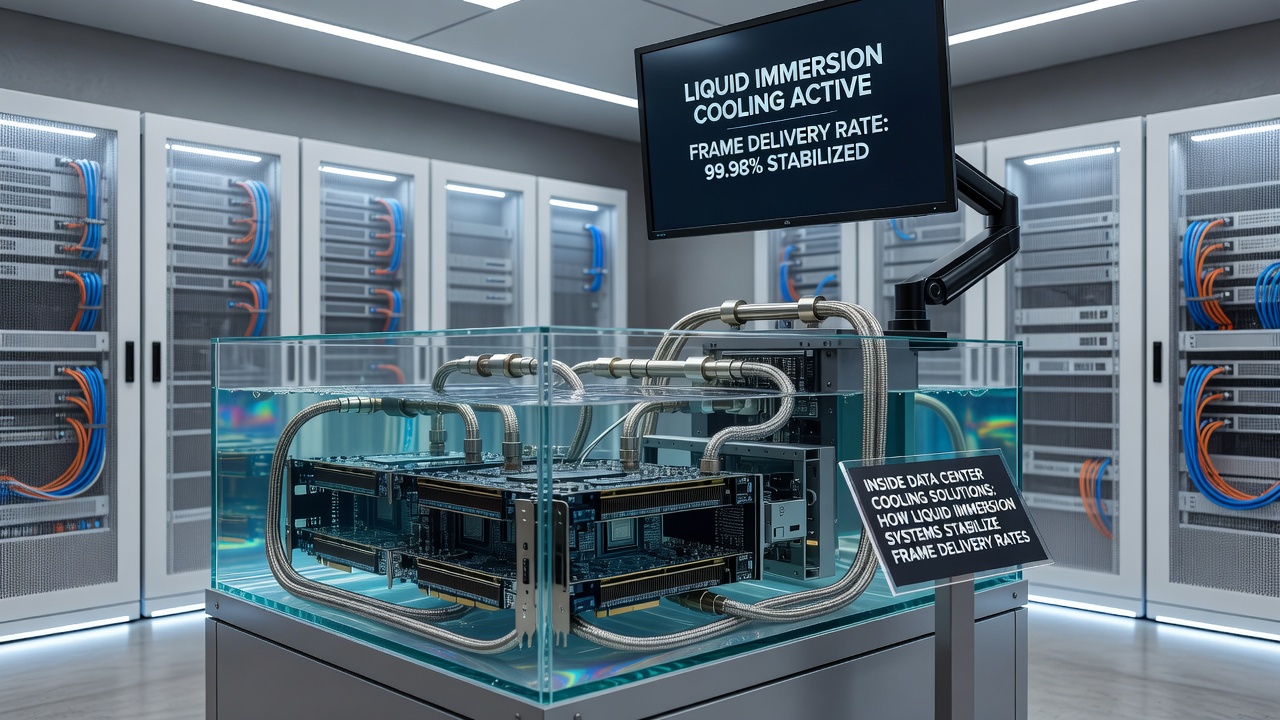 Close-up view of servers immersed in cooling fluid with monitoring displays showing stable temperatures