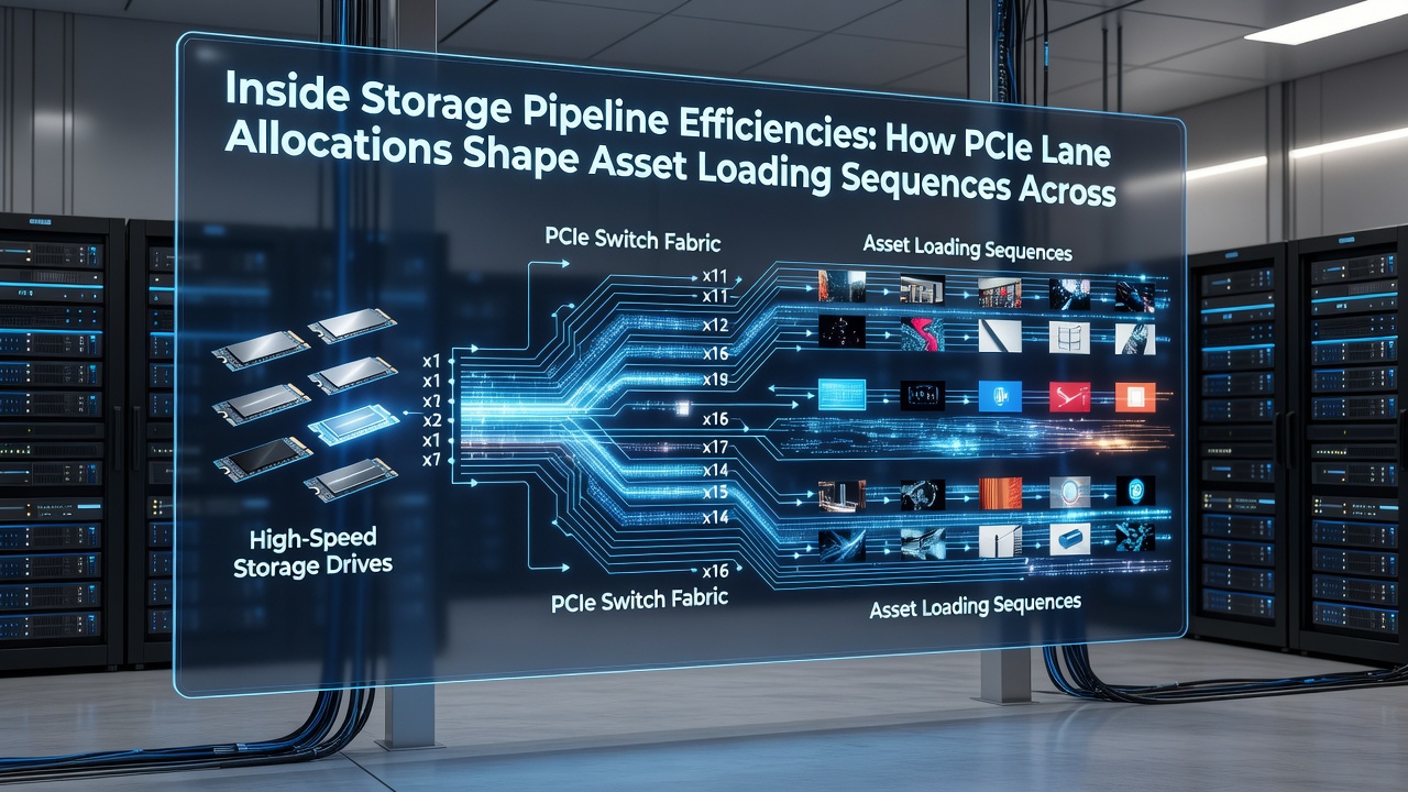 Asset streaming visualization showing data flow from SSD through PCIe lanes during multiplayer gameplay