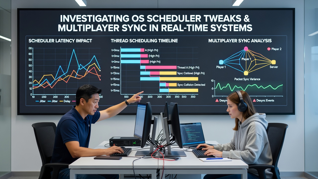 Benchmark graphs comparing sync stability before and after scheduler modifications in RTS titles