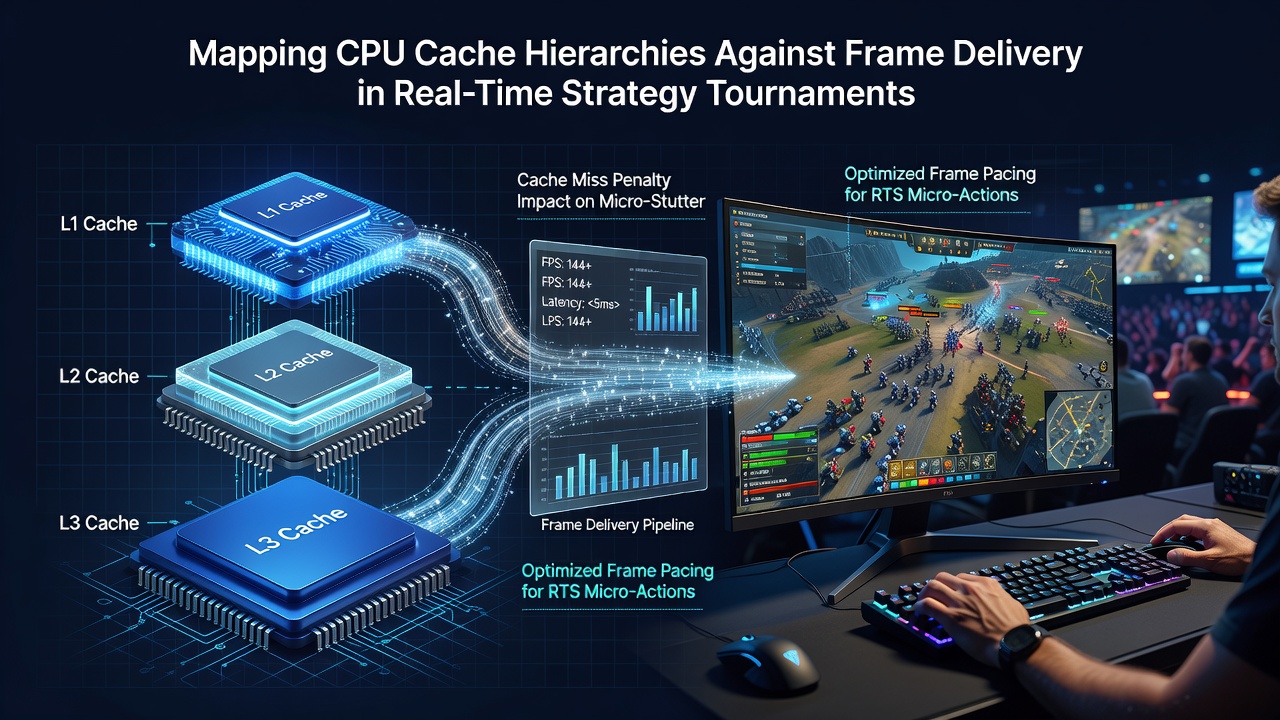 CPU cache hierarchy diagram overlaid on RTS tournament frame timing data