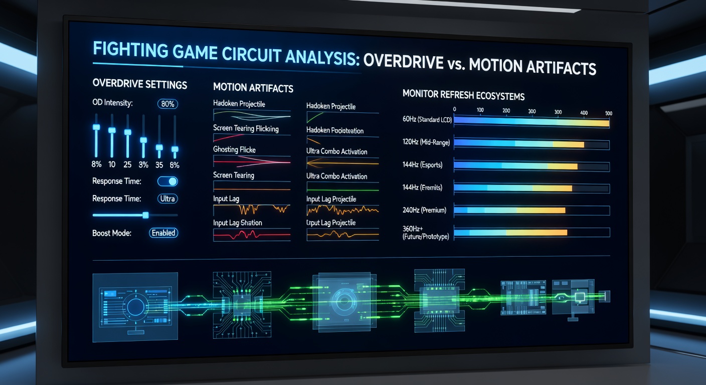 Display panel overdrive settings mapped against motion artifacts in fighting game circuits on monitors with varying refresh rates