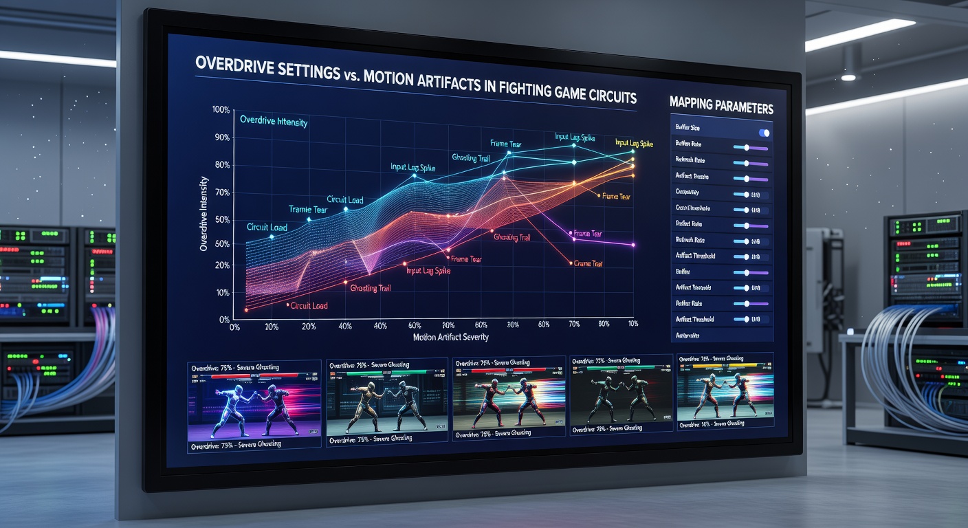 Comparison chart showing overdrive levels and resulting motion artifacts across 60Hz, 144Hz, and 240Hz monitor ecosystems in fighting games