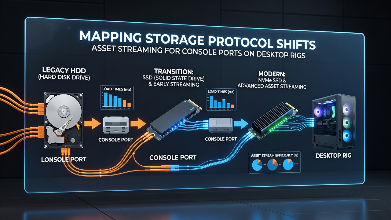 Diagram illustrating storage protocol transitions from SATA to NVMe in console port asset streaming setups on desktop systems