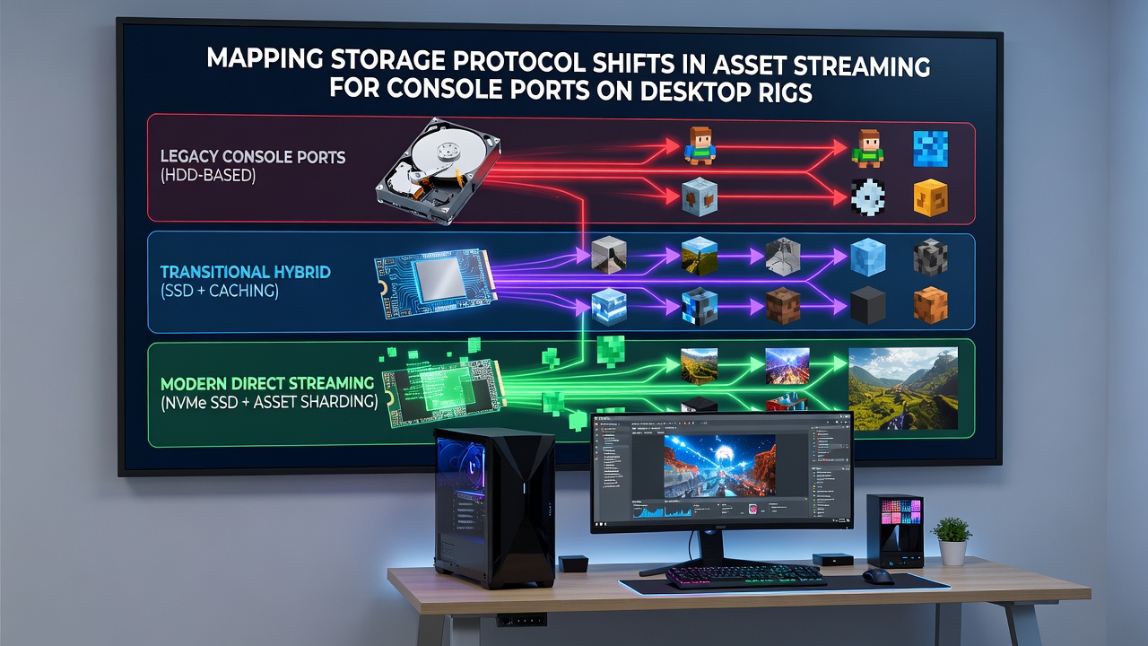Benchmark charts comparing asset streaming performance across different storage protocols in desktop console port scenarios