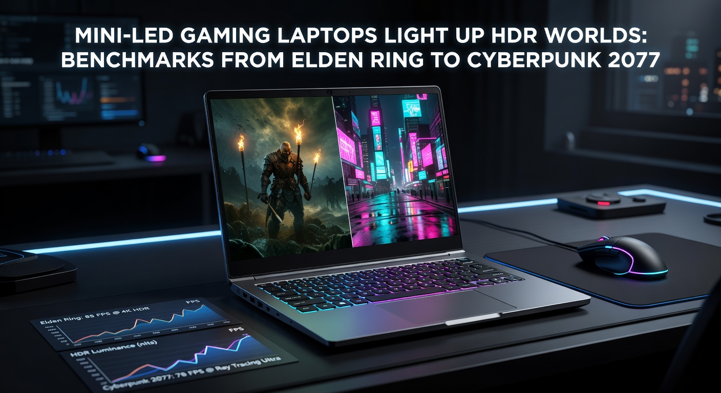 Close-up benchmark chart on a Mini-LED laptop showing HDR brightness peaks and contrast ratios during Elden Ring gameplay