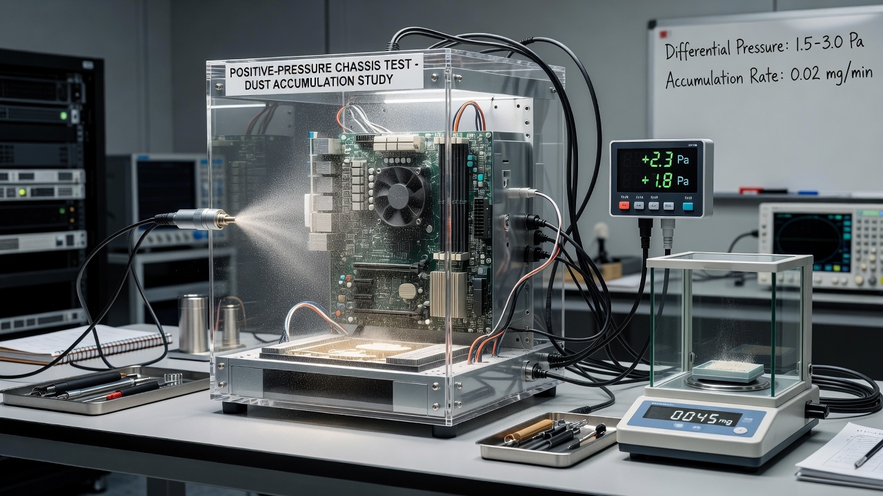 Dust accumulation patterns on PC components after 24-hour testing in positive pressure setup