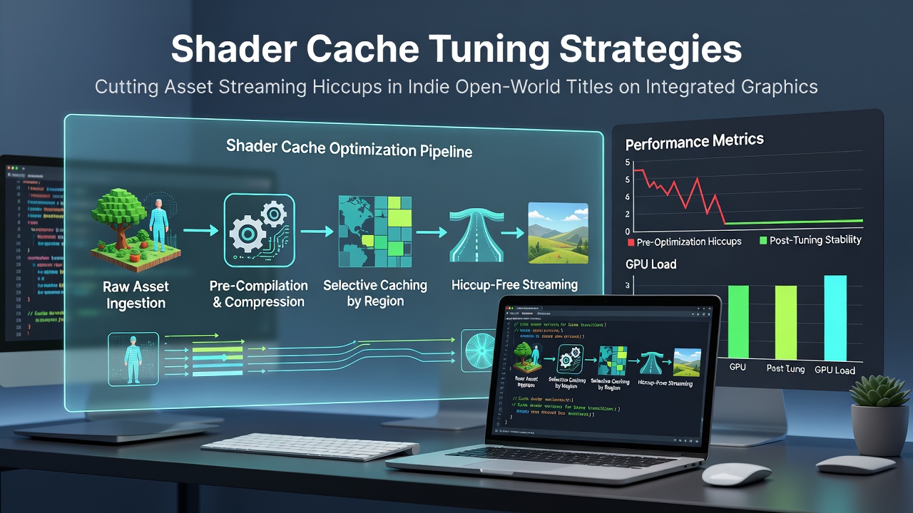 Integrated graphics setup showing shader cache configuration tools applied to an open-world indie game environment