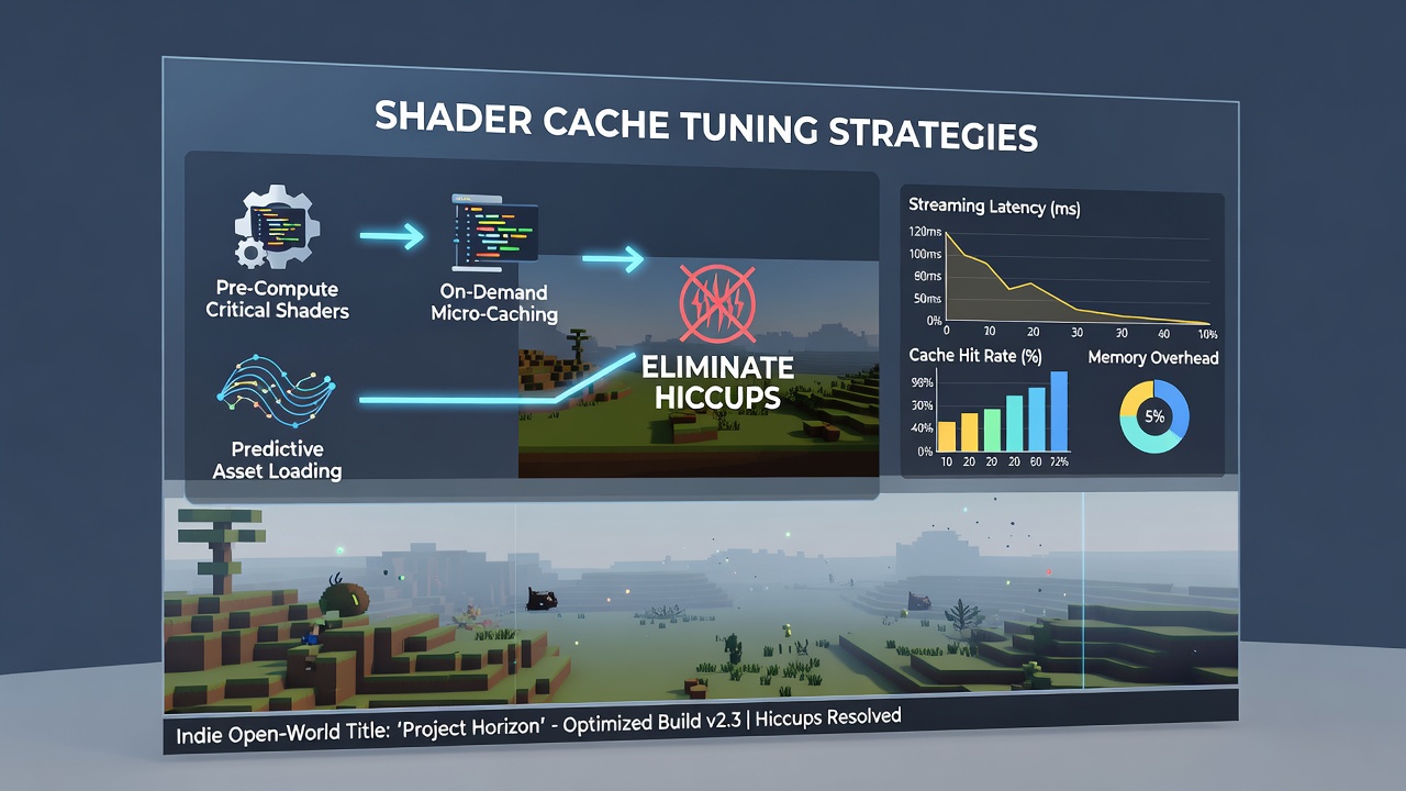 Performance graphs comparing asset streaming stability before and after shader cache tuning on integrated graphics hardware