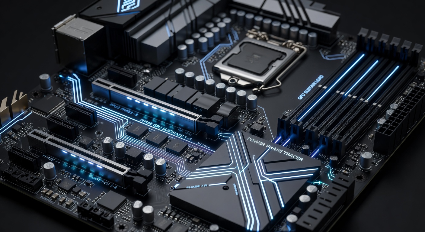 Detailed view of motherboard VRM power phases and heatsinks designed for continuous high-load GPU operations in simulation environments