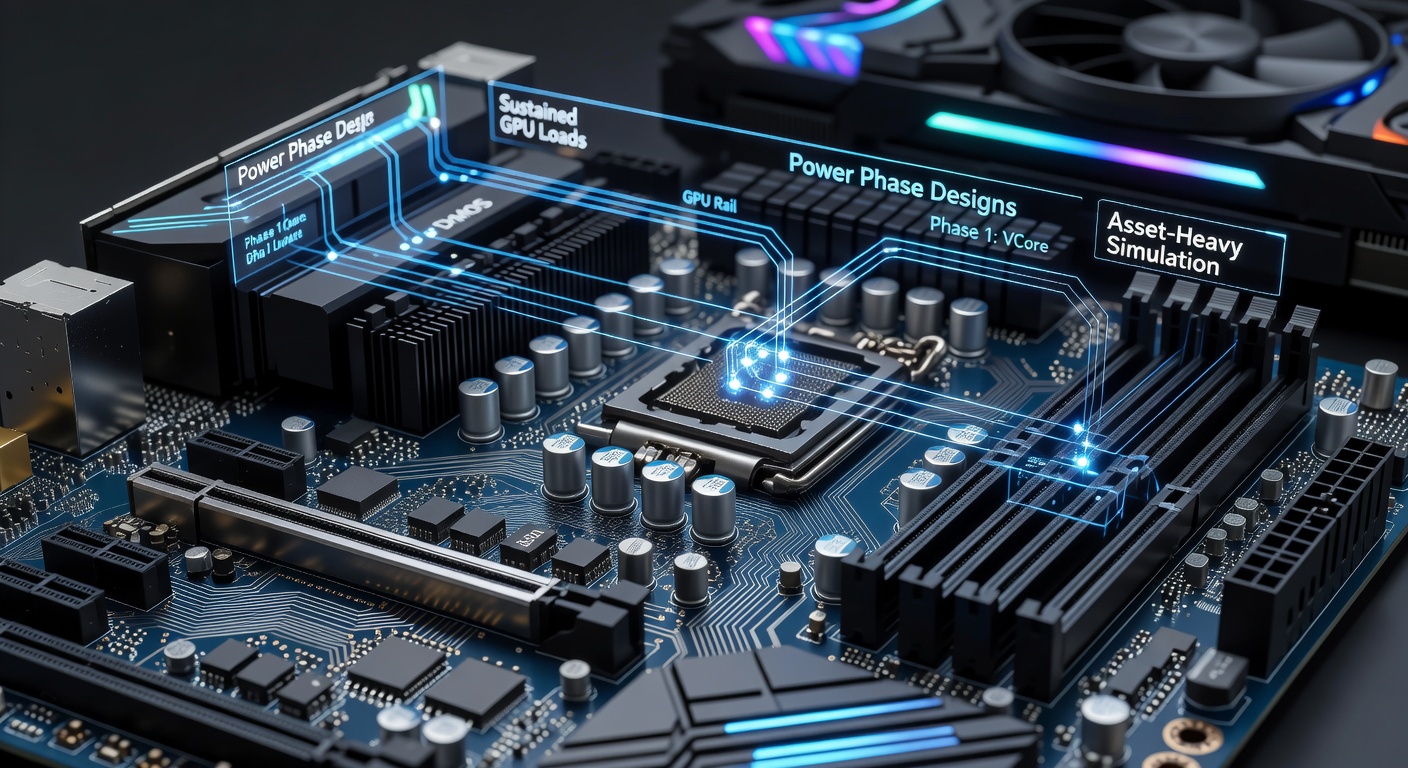 Close-up of interleaved power phase circuitry and digital PWM controller on a high-end motherboard supporting extended GPU workloads