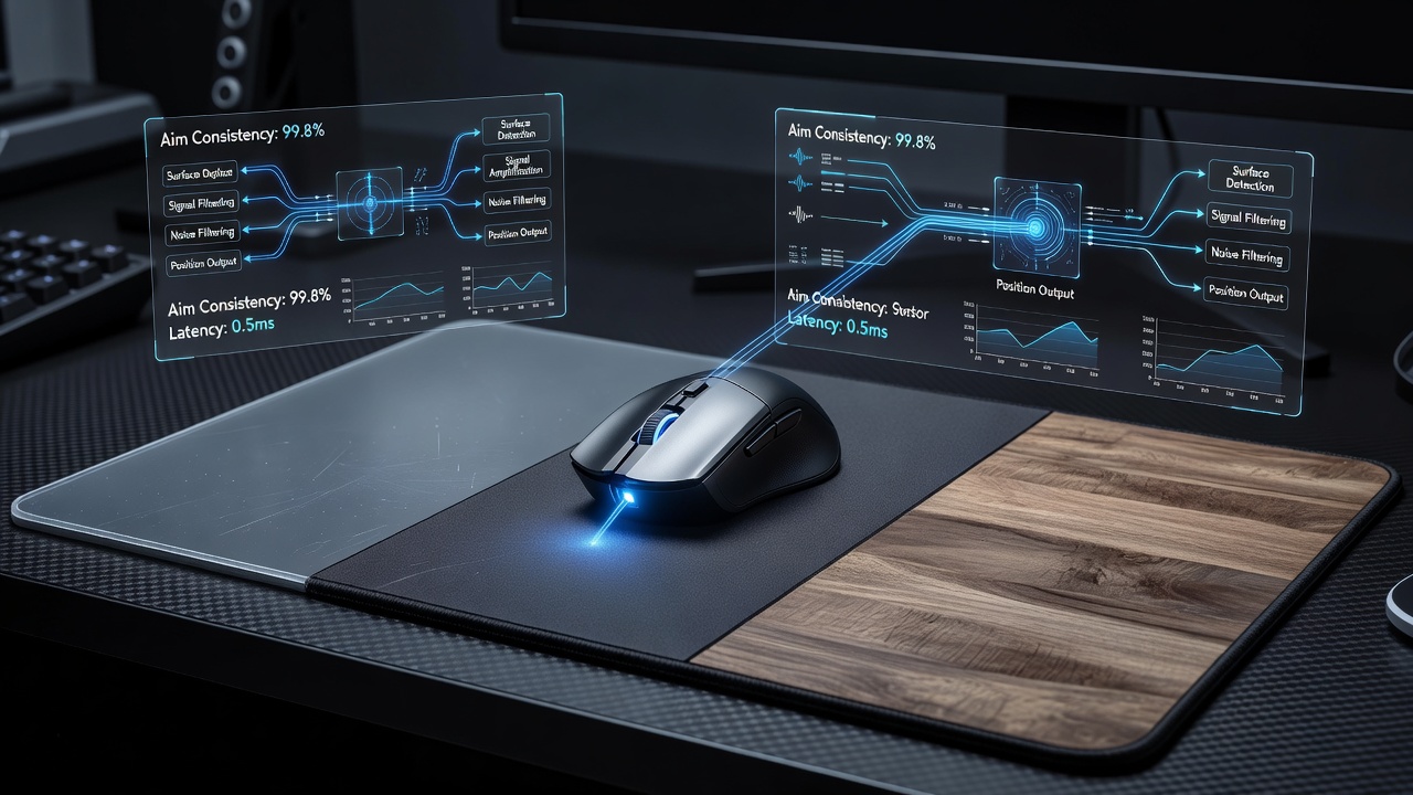 Esports player testing mouse sensor consistency on multiple surface types in a controlled lab setup