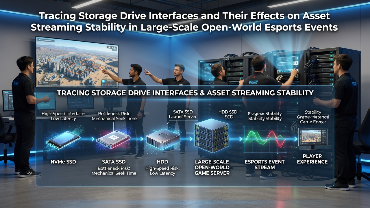 Storage drive interfaces connected to high-performance gaming rigs used in open-world esports tournaments