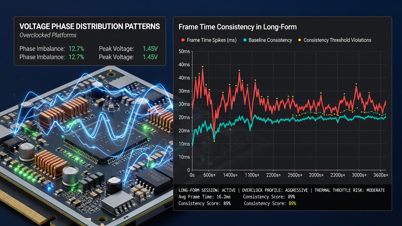 Frame time graphs comparing balanced and unbalanced voltage phase distribution during grand strategy gameplay