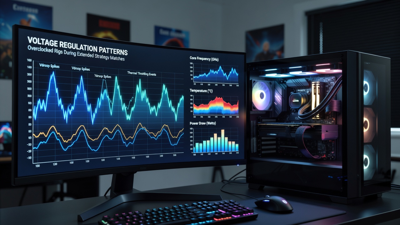 Graph displaying voltage stability metrics over a four-hour strategy gaming session on an overclocked rig